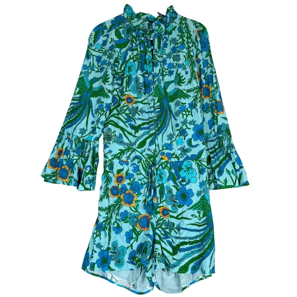 Figue Tropical Bird Floral Print Long Bell Sleeve Ruffle Romper Drawstring M